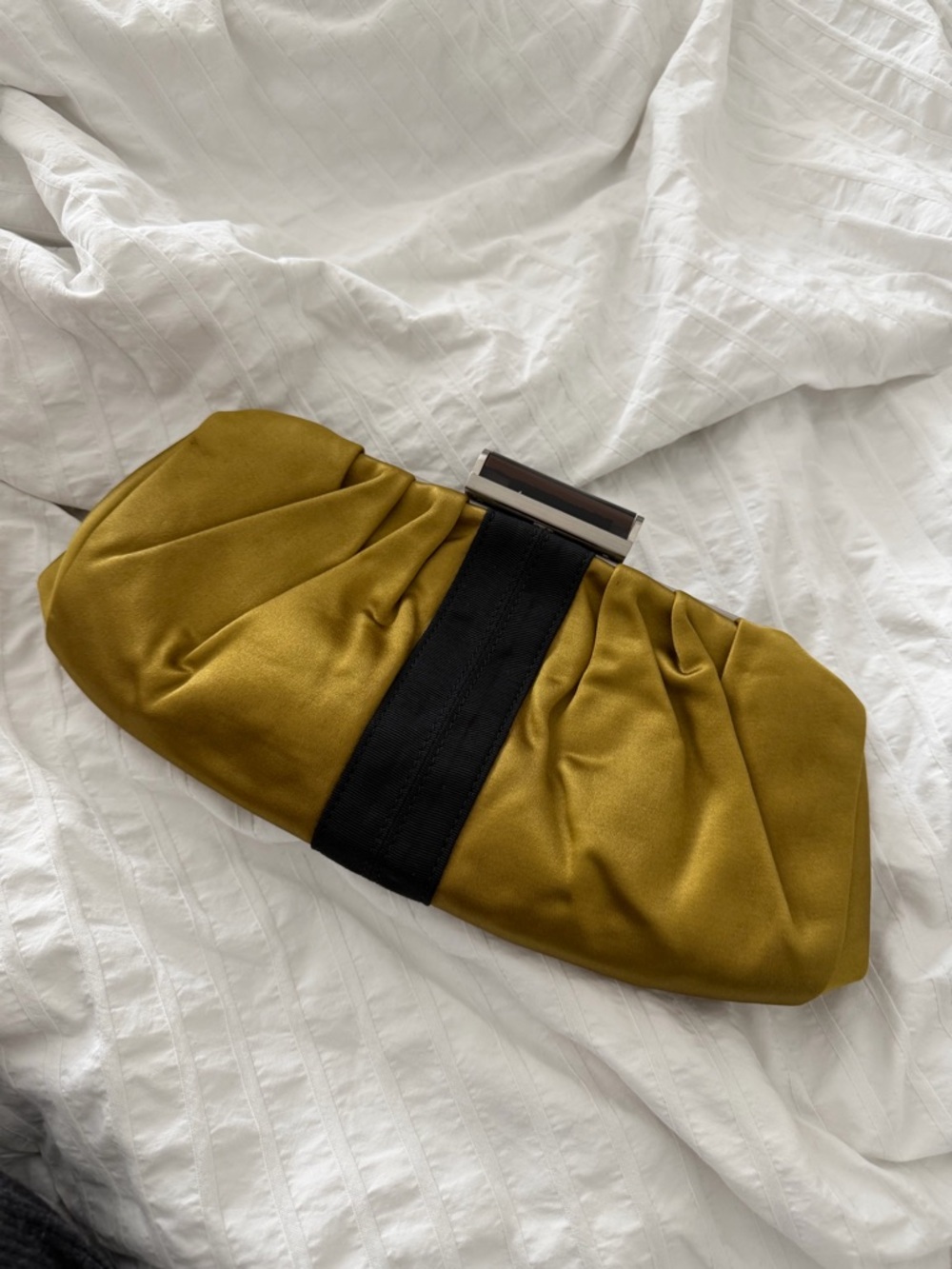 BCBGMaxAzria Olive Satin Clutch with Black Center Band